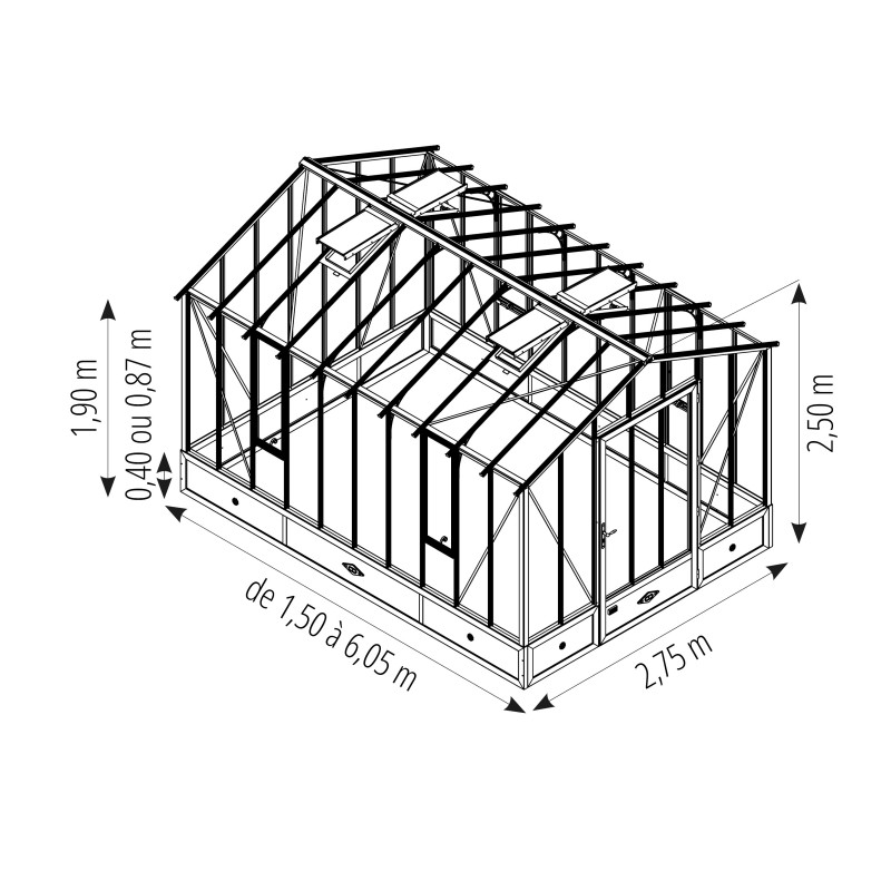 Glashaus CLASSIQUE Breite 2,75 m mit Aluminiumsockel