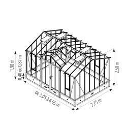 Glashaus CLASSIQUE Breite 2,75 m mit Dachgaube und Aluminiumsockel