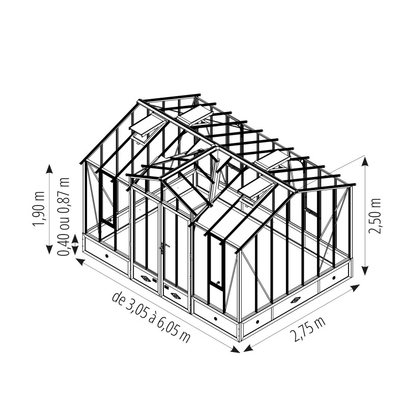 Glashaus CLASSIQUE Breite 2,75 m mit Dachgaube und Mauersockel