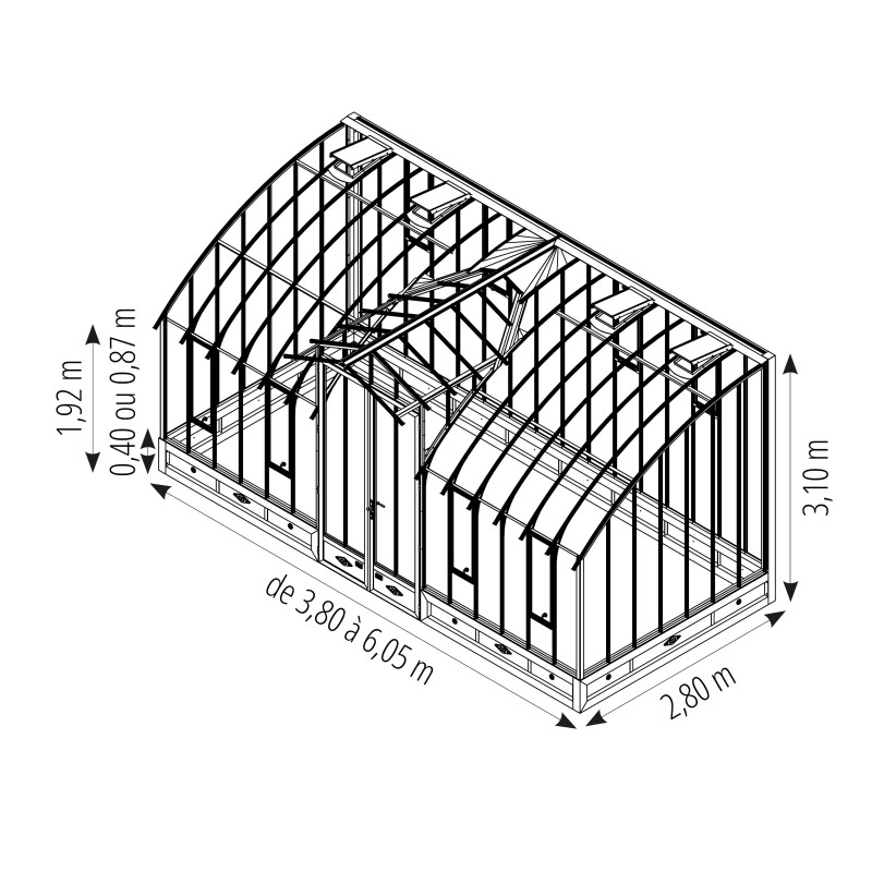 Glashaus MIRABEAU Breite 2,80 m mit Mauersockel
