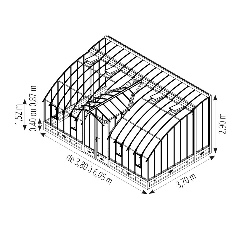Glashaus MONTESQUIEU Breite 3,70 m mit Mauersockel