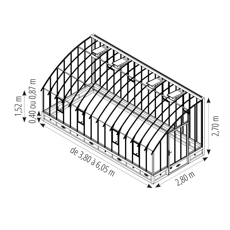 Glashaus VERSAILLES Breite 2,80 m mit Mauersockel