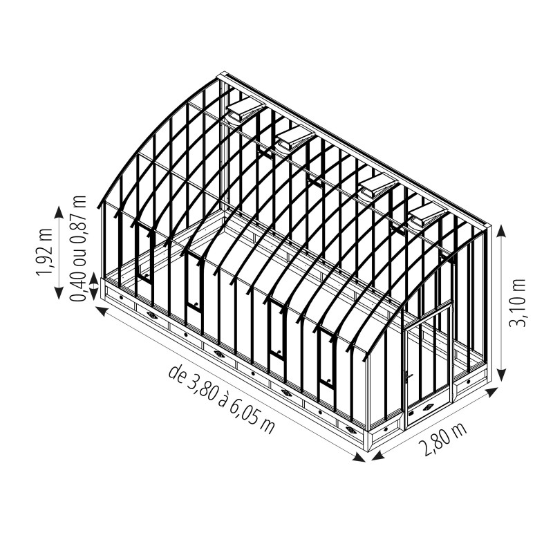 Glashaus VERSAILLES Breite 2,80 m mit Mauersockel