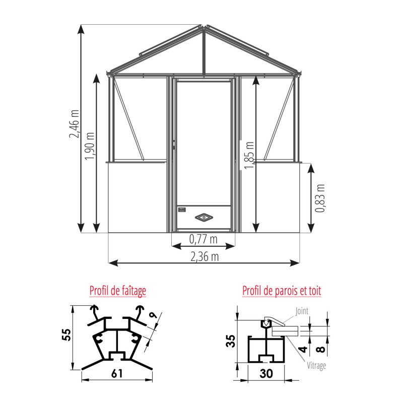 Gewächshaus LUXIA mit Mauersockel Breite 2,36 m