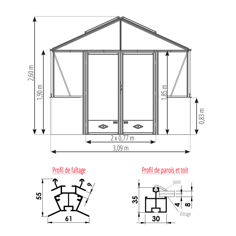 Gewächshaus LUXIA mit Mauersockel Breite 3,09 m
