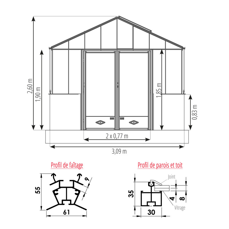 Gewächshaus LUXIA Retro mit Mauersockel Breite 3,09 m