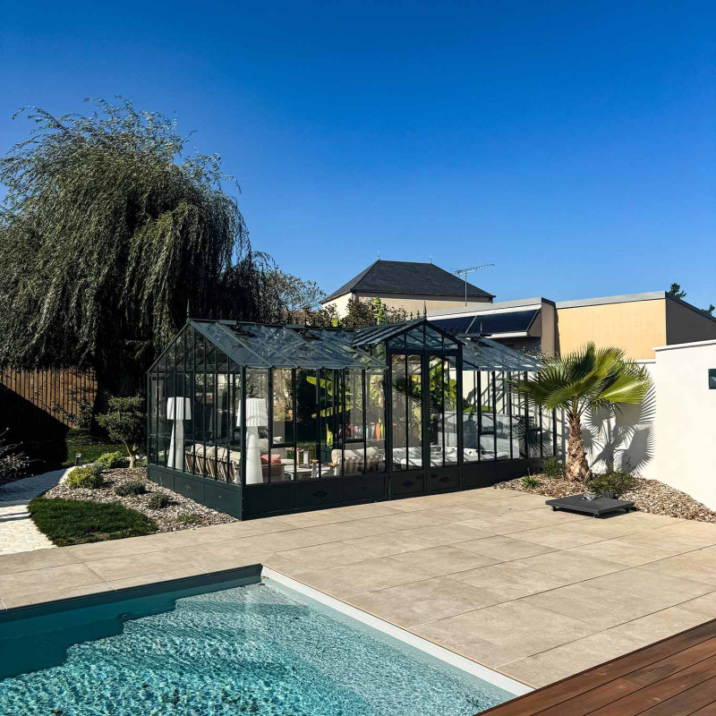 Glashaus CLASSIQUE Breite 3,50 m mit Dachgauben und Aluminiumsockel