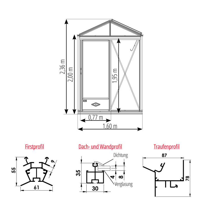 Gewächshaus LUXIA Breite 1,60 m