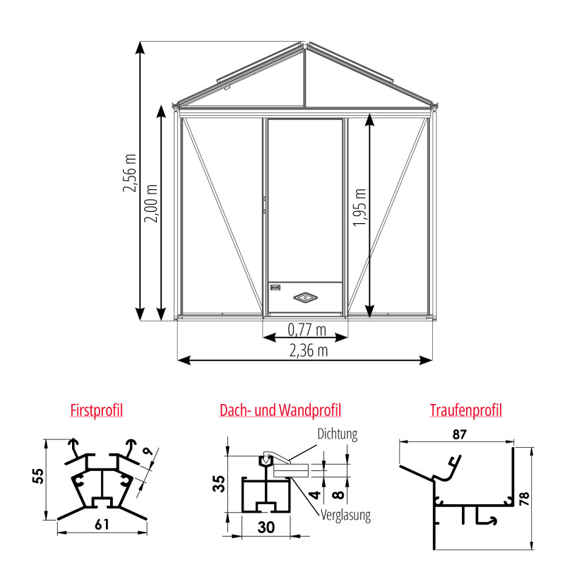 Gewächshaus LUXIA Breite 2,36 m