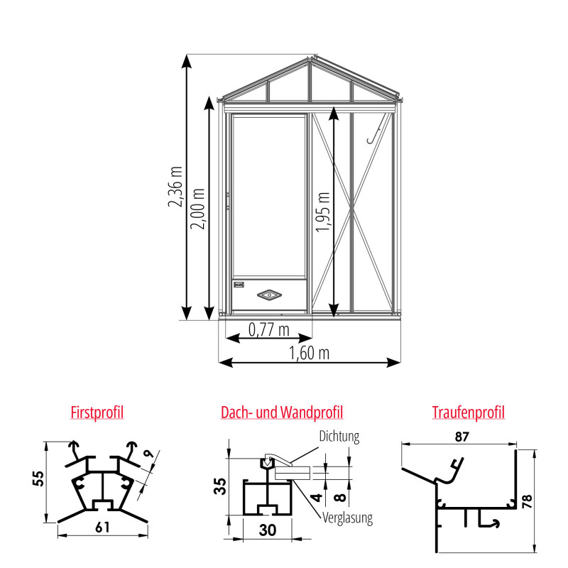 Gewächshaus LUXIA Retro Breite 1,60 M