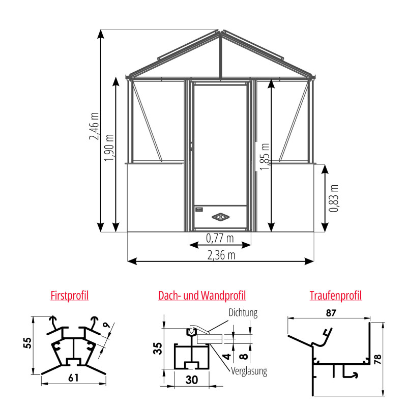 Gewächshaus LUXIA mit Mauersockel Breite 2,36 m