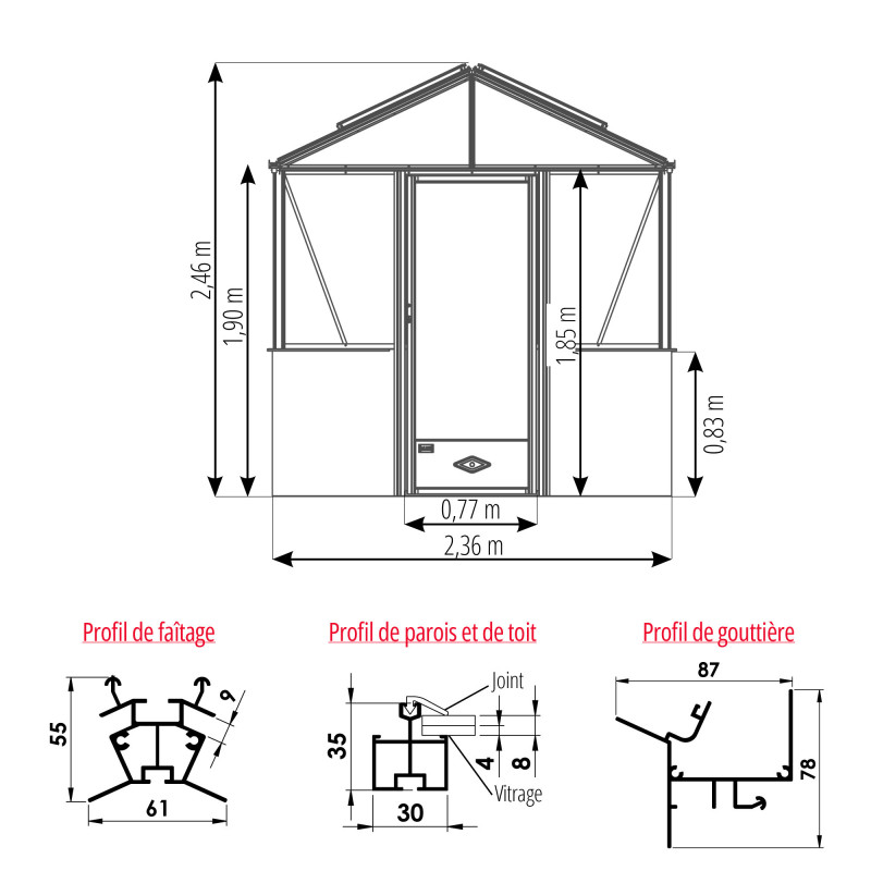 Gewächshaus LUXIA mit Mauersockel Breite 2,36 m