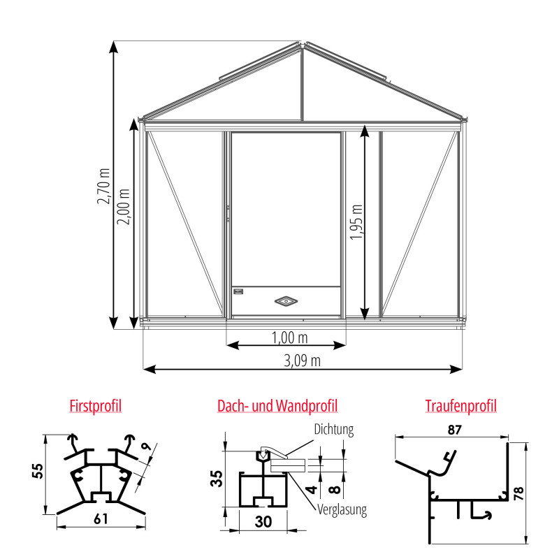 Gewächshaus LUXIA mit Mauersockel Breite 3,09 m