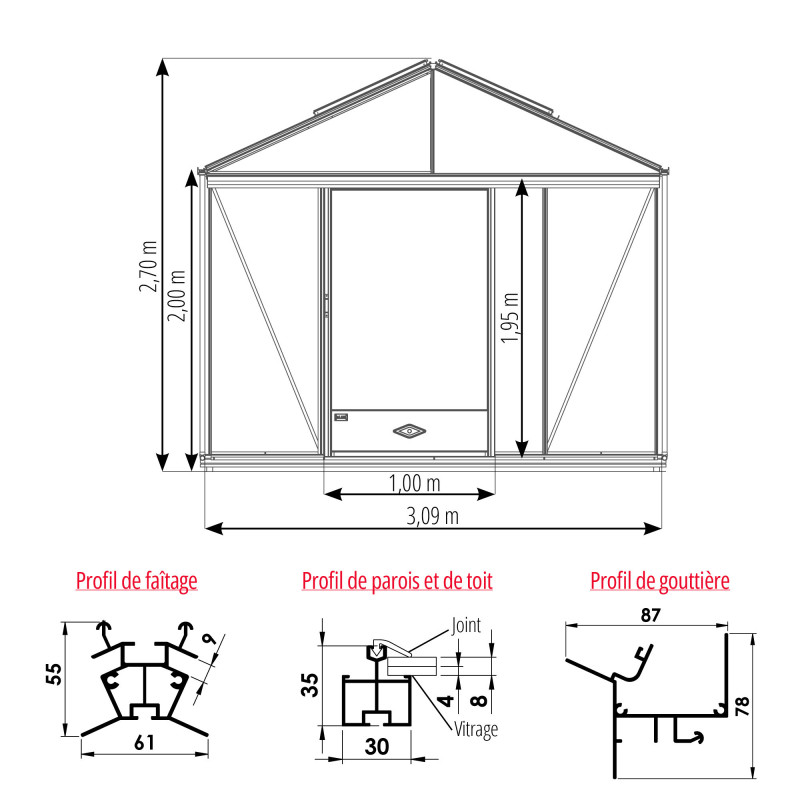 Gewächshaus LUXIA mit Mauersockel Breite 3,09 m