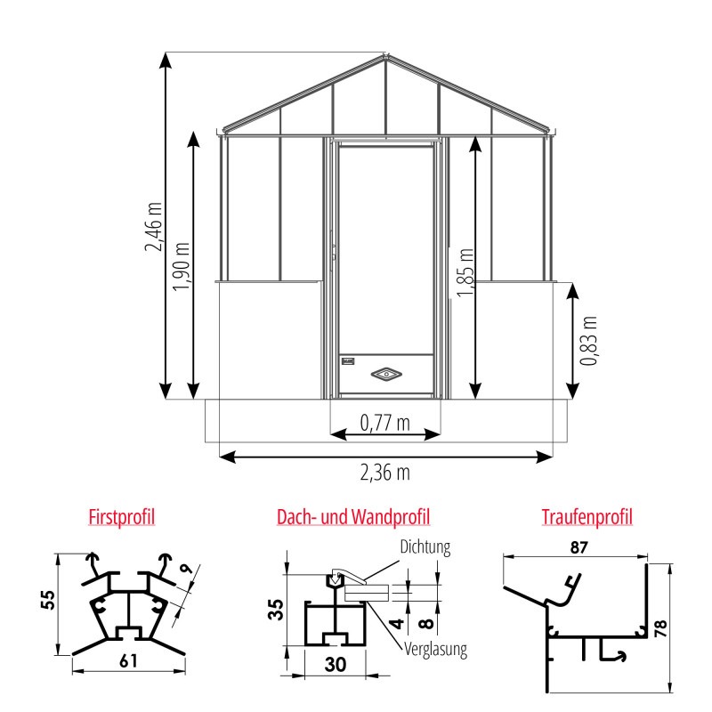 Gewächshaus LUXIA Retro mit Mauersockel Breite 2,36 m