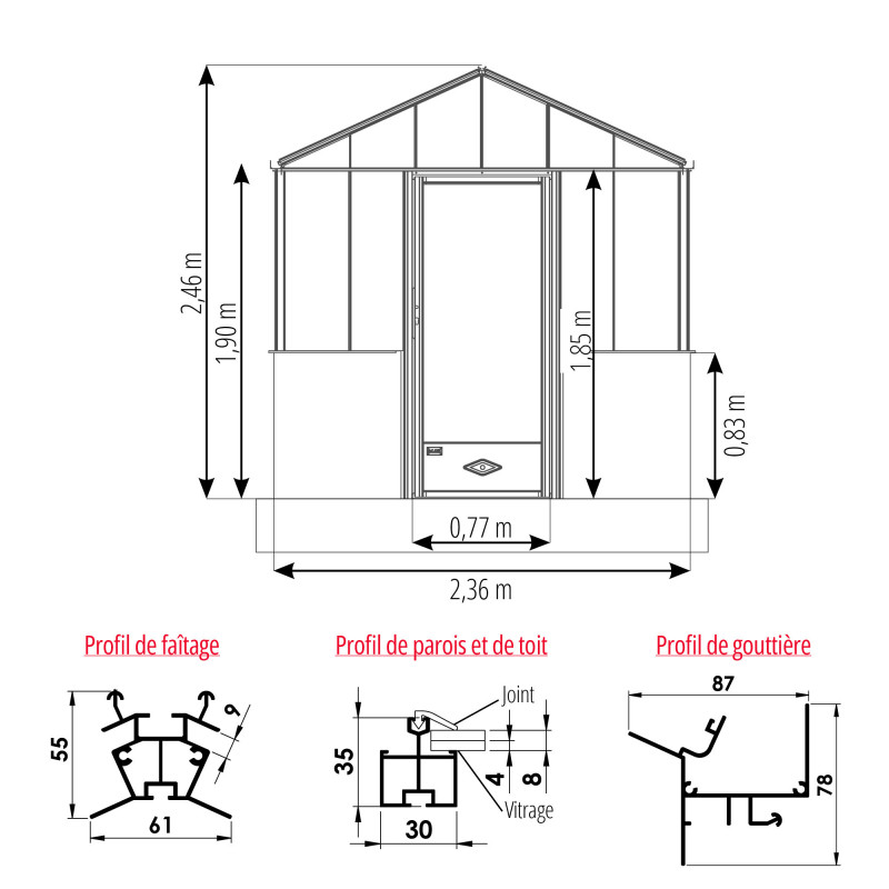 Gewächshaus LUXIA Retro mit Mauersockel Breite 2,36 m
