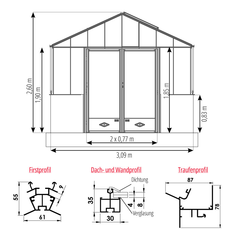 Serre LUXIA Rétro sur Muret largeur 3,09 m