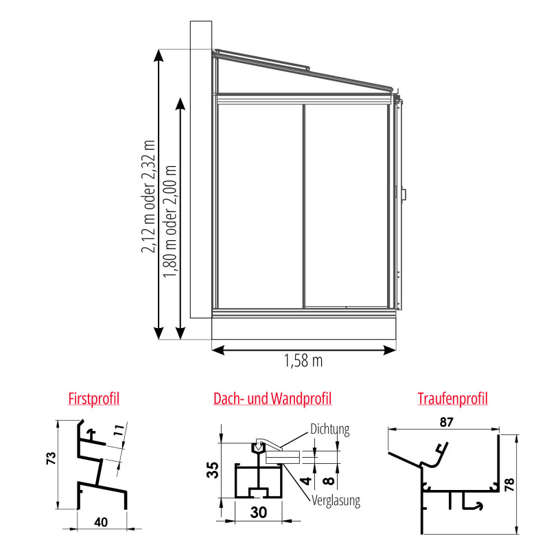 Anlehngewächshaus LUXIA Breite 1,58 m