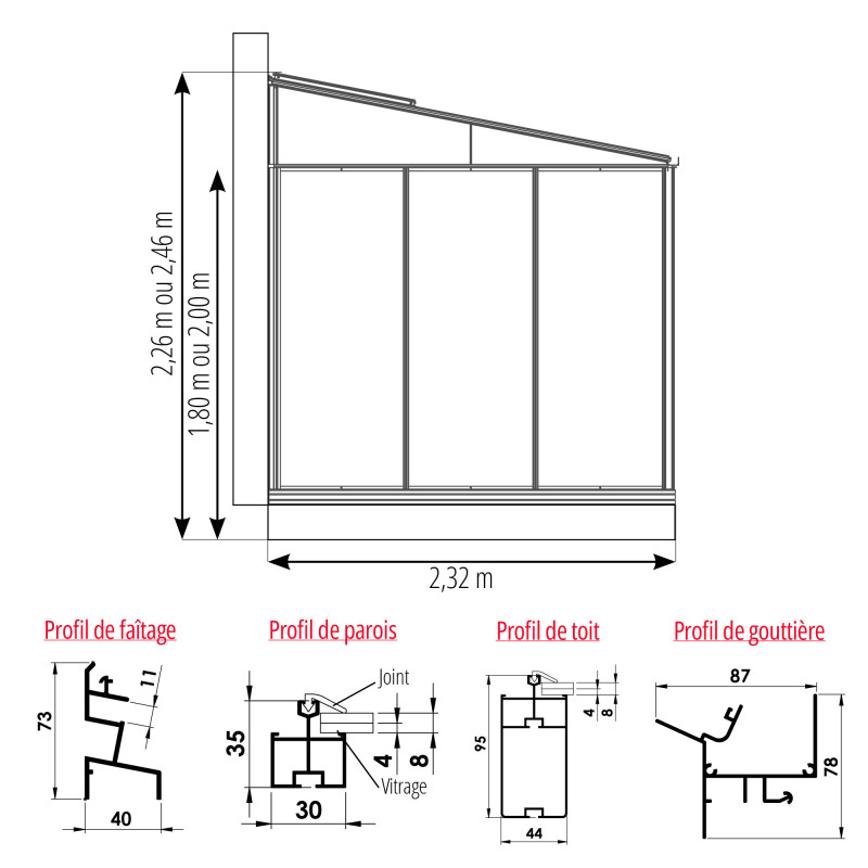 Anlehngewächshaus LUXIA Breite 2,32 m