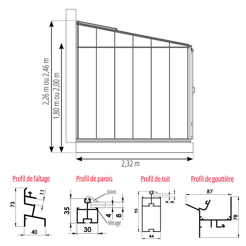 Anlehngewächshaus LUXIA Retro Breite 2,32 m