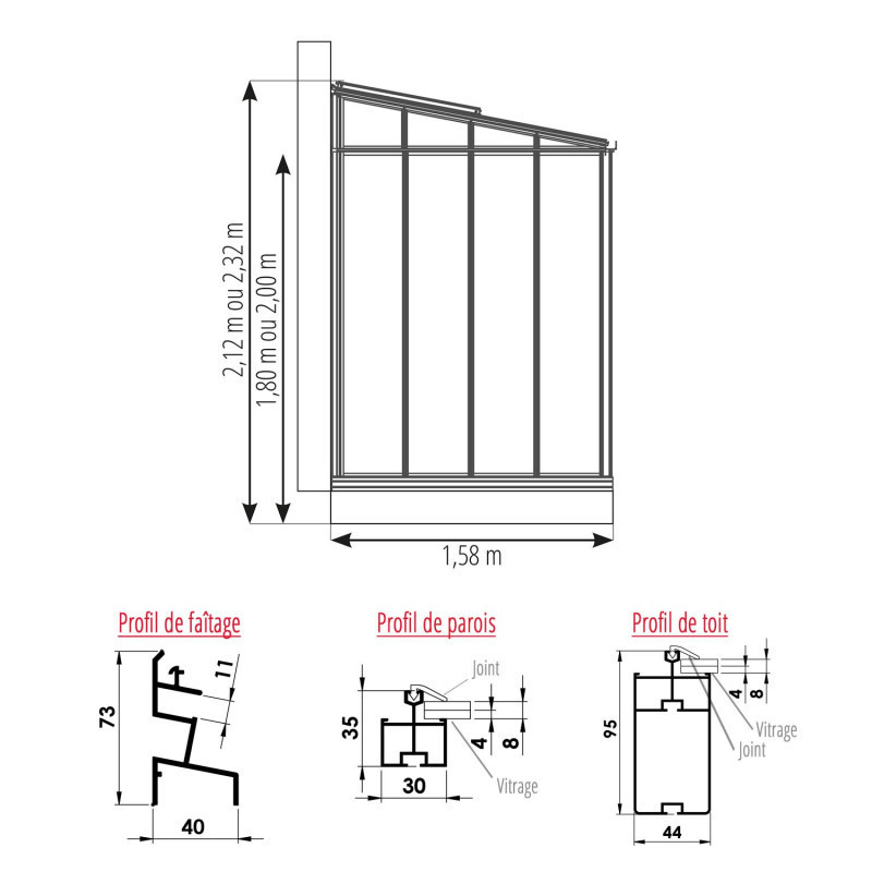 Anlehngewächshaus LUXIA Retro Breite 1,58 m